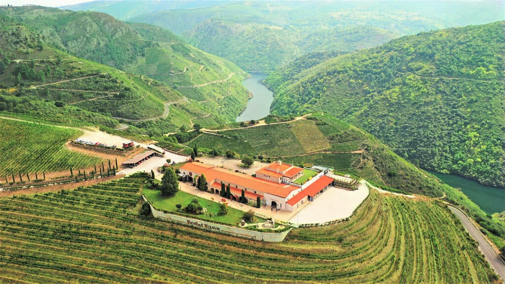 Bodega Regina Viarum en Ribeira Sacra, vista aérea sobre los viñedos en bancales