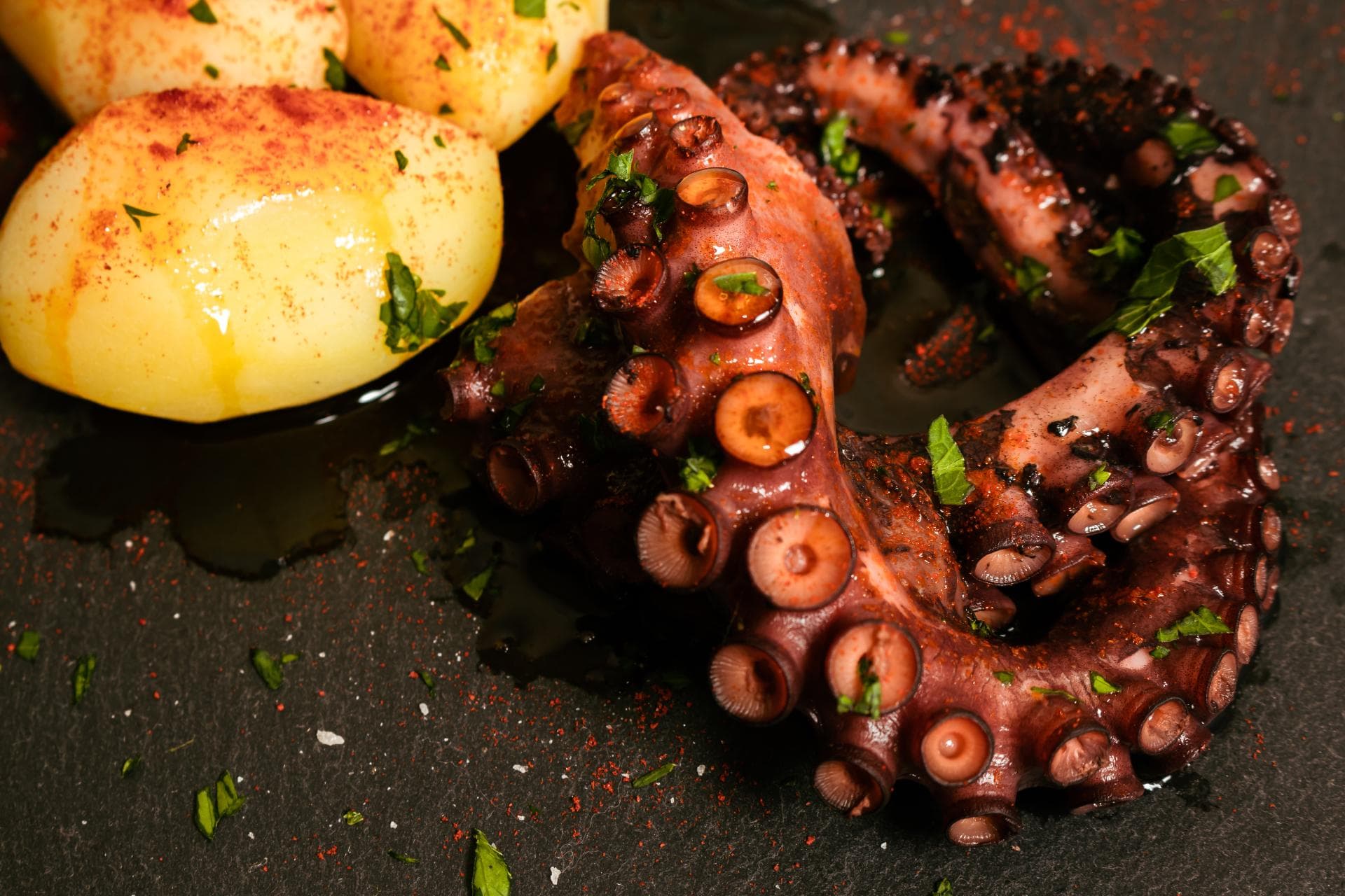 Pulpo a la gallega con patatas y pimentón, alta cocina en restaurante Michelin de Galicia